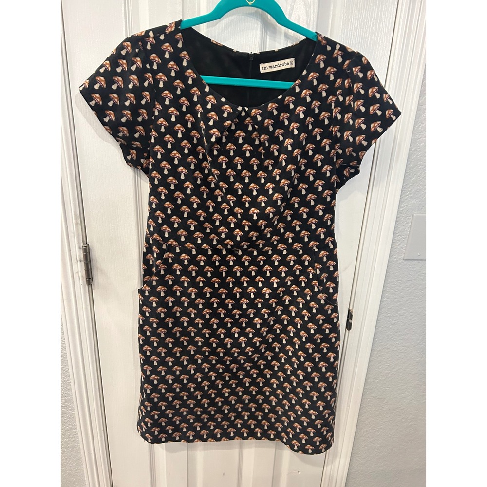 SM Wardrobe Corduroy Mini Dress Black‎ Mushroom Print Pockets Whimsical XL